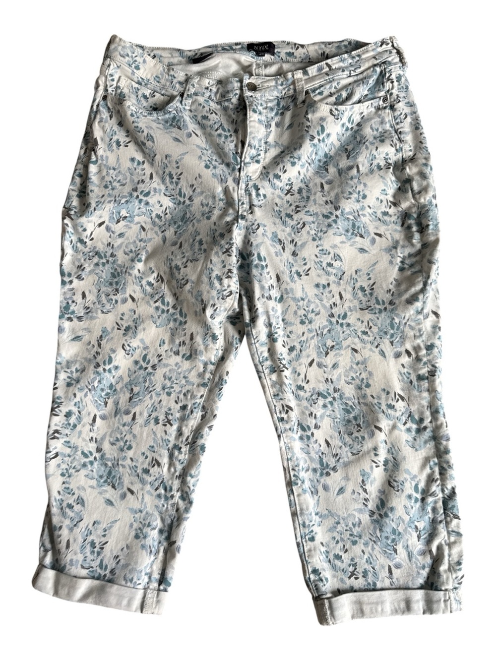 NYDJ Lift Tuck Denim Jeans Capri Women Plus 18W Blue White Floral Stretch Cuff - Picture 2 of 15